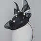 Back Tie pearl - Black asymmetric straw pillbox with wired crinoline bow in black and white and a scattering of pearls