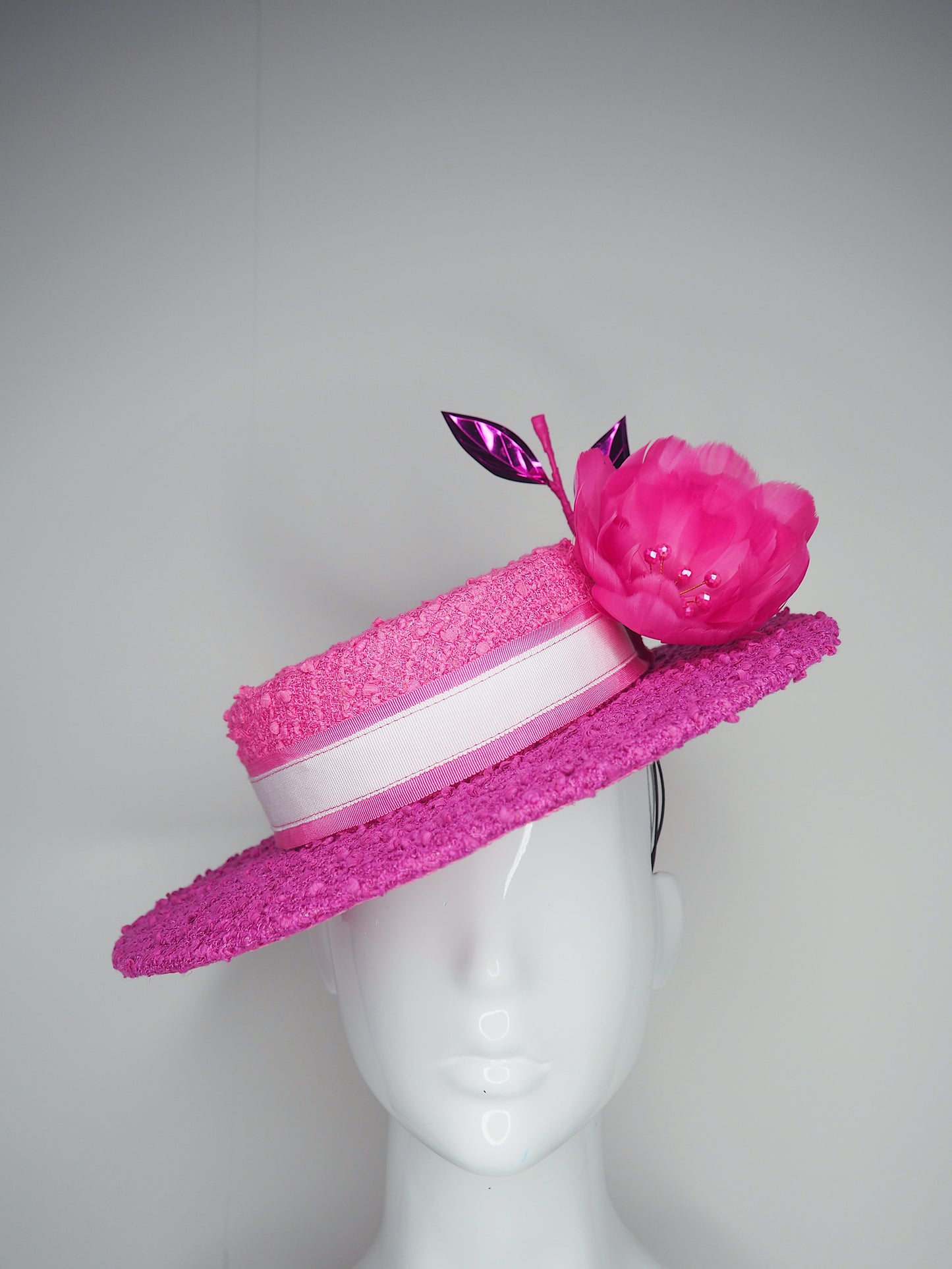 Pretty as a picture - Pink and Magenta Dyed Boucle Boater with removable feather flower.