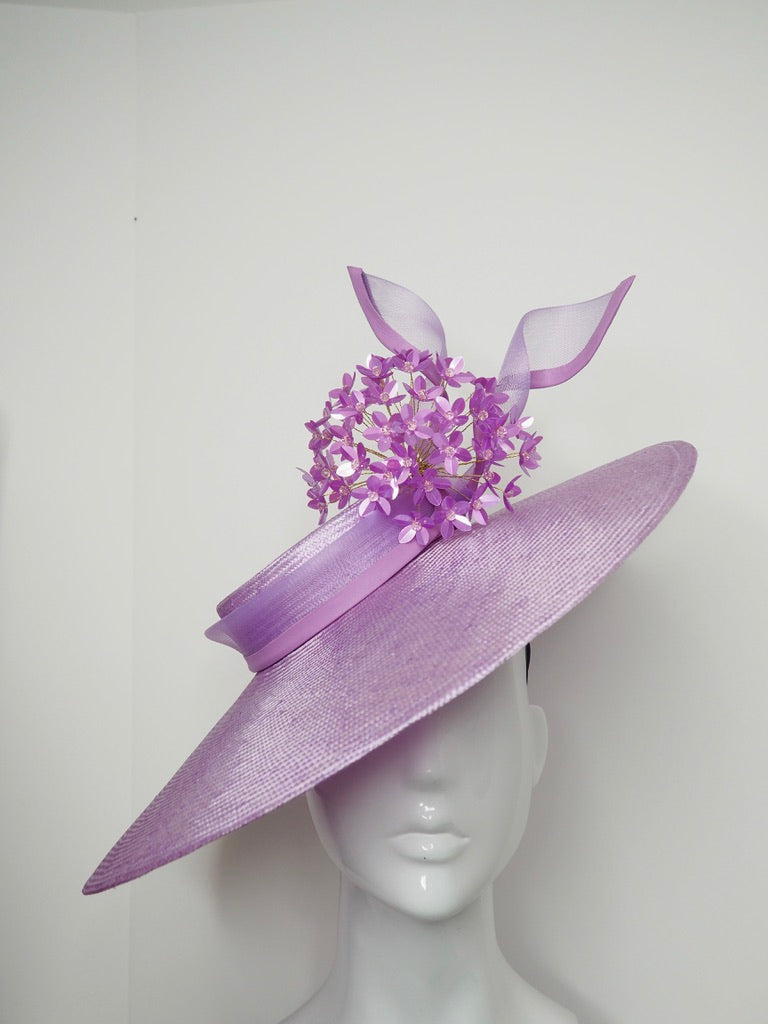 Pretty Little Allium - Pastel lilac parisissal Sloped brimmed boater with a lilac sequin Allium and crinoline swirl.