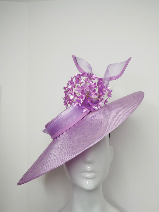 Pretty Little Allium - Pastel lilac parisissal Sloped brimmed boater with a lilac sequin Allium and crinoline swirl.
