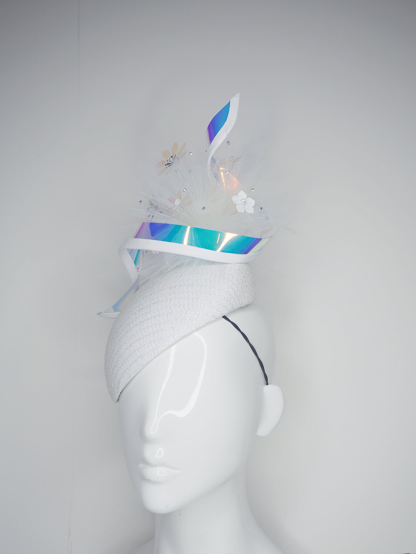 *worn once reduced - Unicorn Dreams - White leather Beret base with iridescent mesh, leather edged swirl and a embellished tulle pom pom