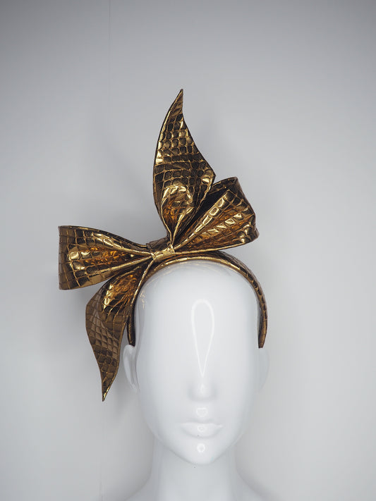 Bronze Bow - Bronze textured leather on a handmade leather headband.