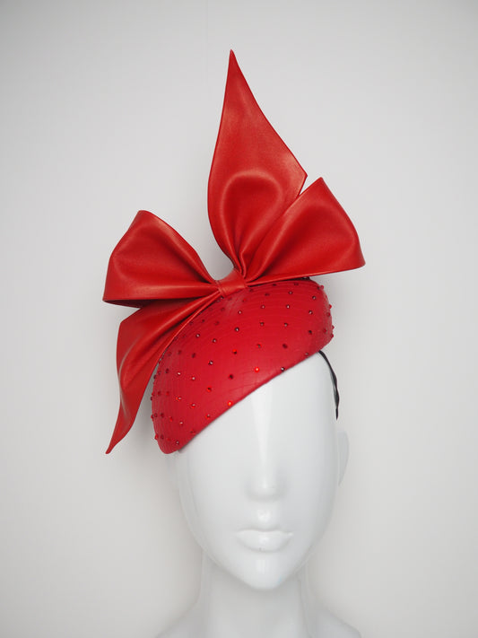 Sparkle Bowie - Shades of red leather on a diamanté veil face hugger beret base
