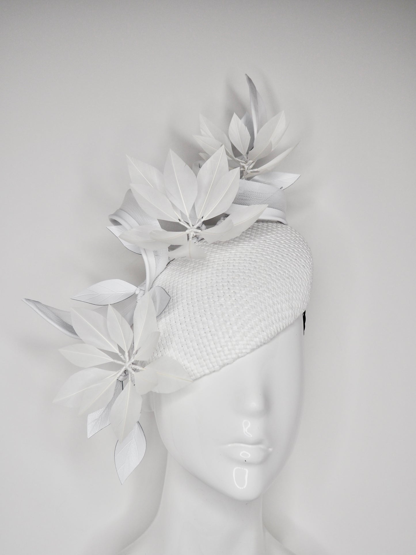 Wind Beneath My Wings  - White textured Face hugging base with Feather Flowers and Crinoline Swirl