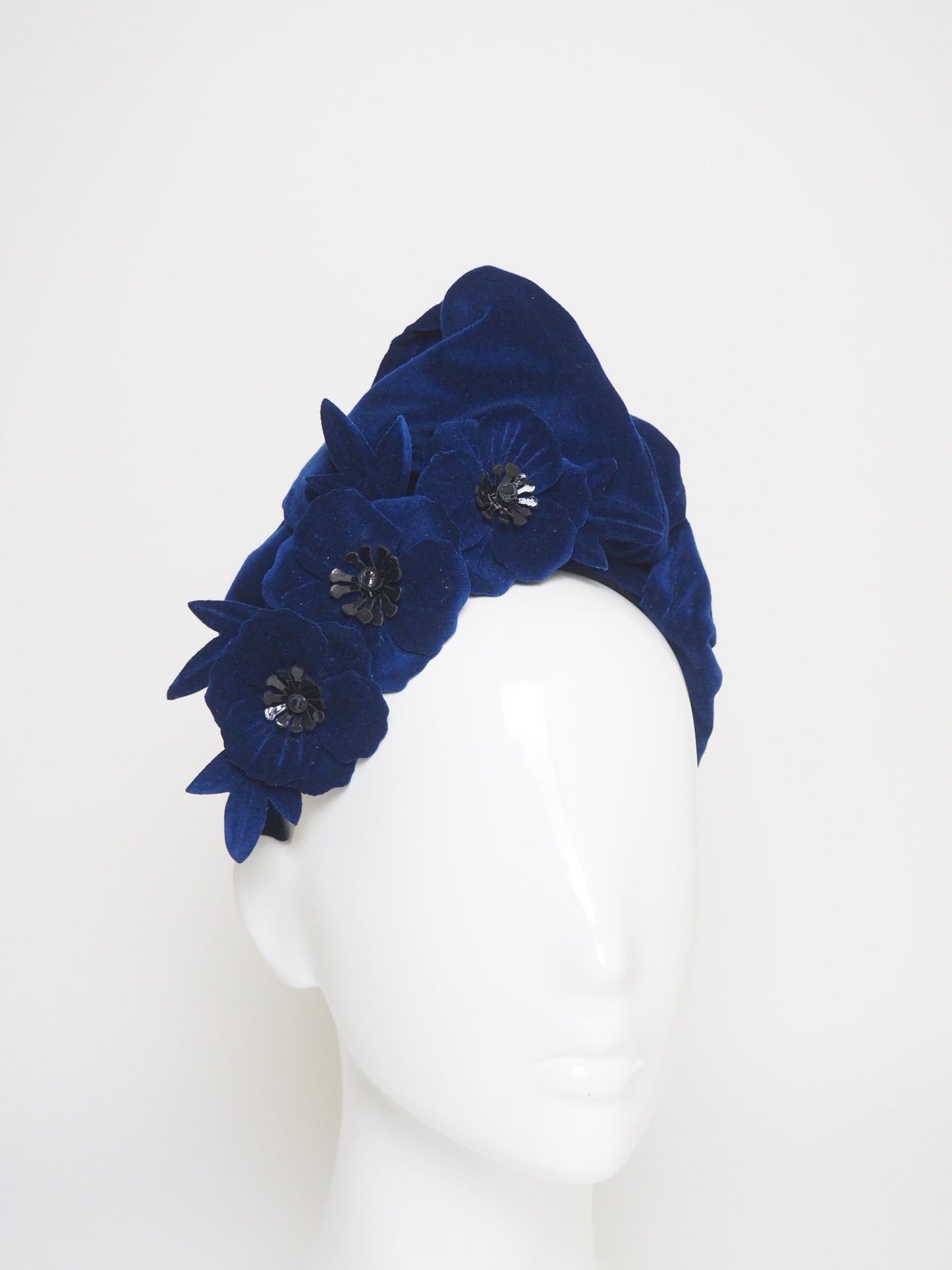Vera - Sapphire blue Velvet turban with removable poppy clip