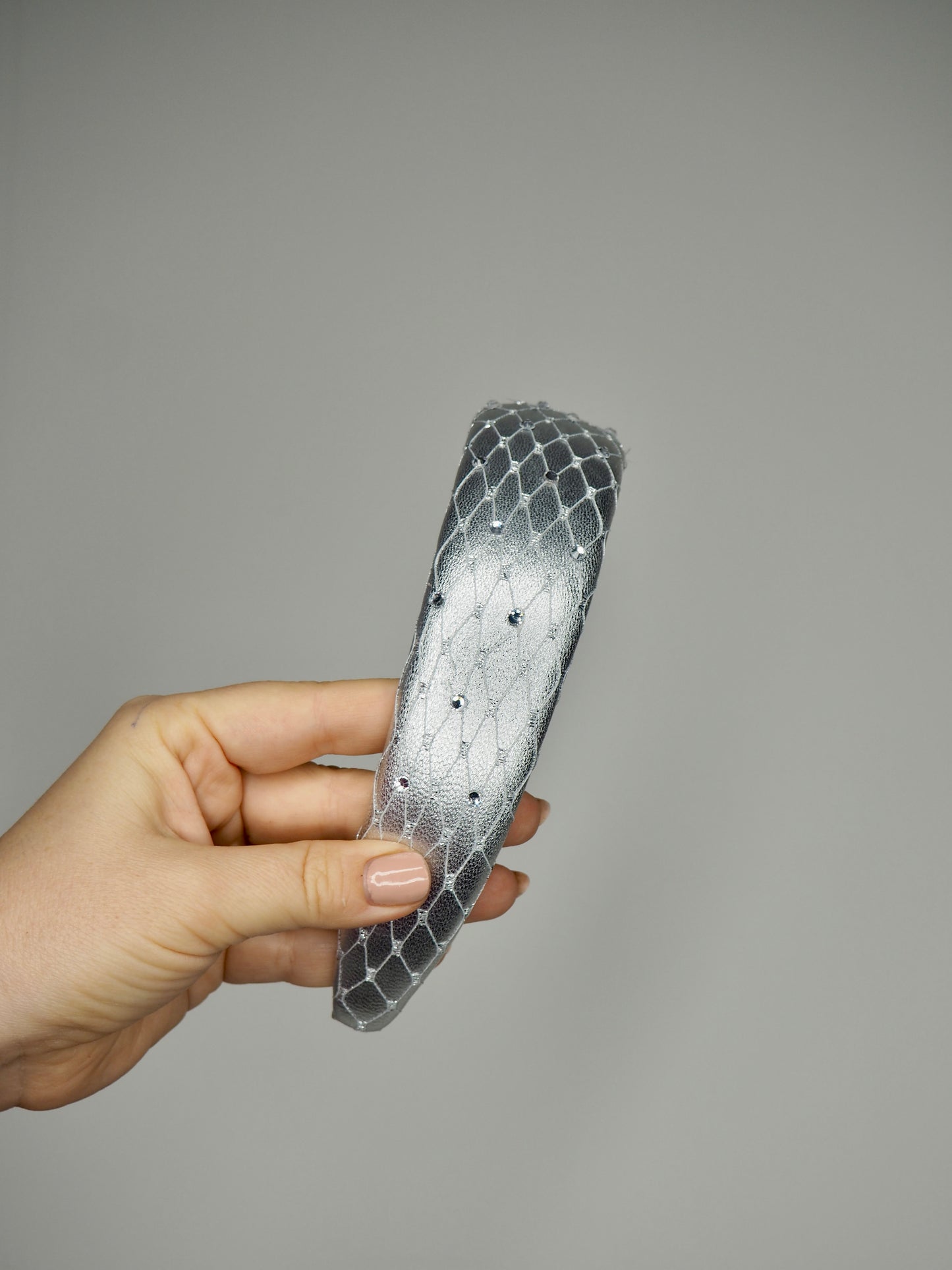 Zoe Sparkle - Leather padded headband with veil and Crystal Detail -Silver
