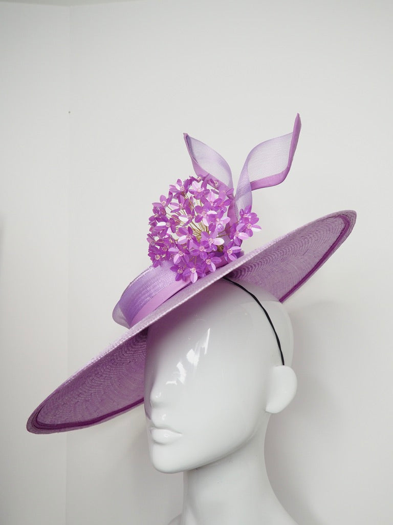 Pretty Little Allium - Pastel lilac parisissal Sloped brimmed boater with a lilac sequin Allium and crinoline swirl.