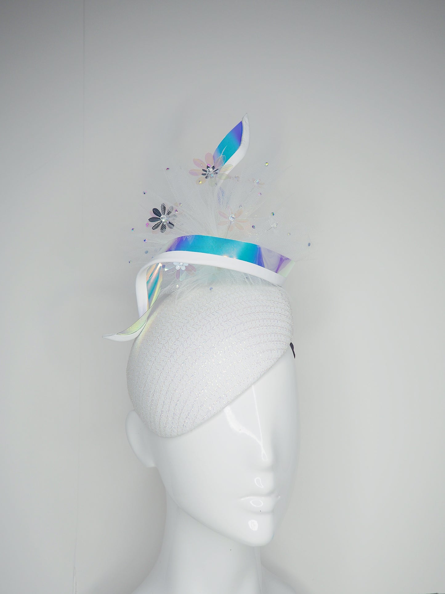 *worn once reduced - Unicorn Dreams - White leather Beret base with iridescent mesh, leather edged swirl and a embellished tulle pom pom