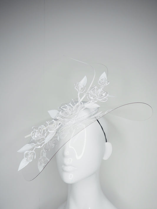 She's a Lady - Transparent Brim with leather dome crown and white edged crystoform flowers
