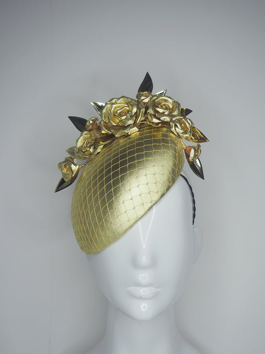 Goldie Girl - Facehugger style headpiece with gold leather base and rose detail