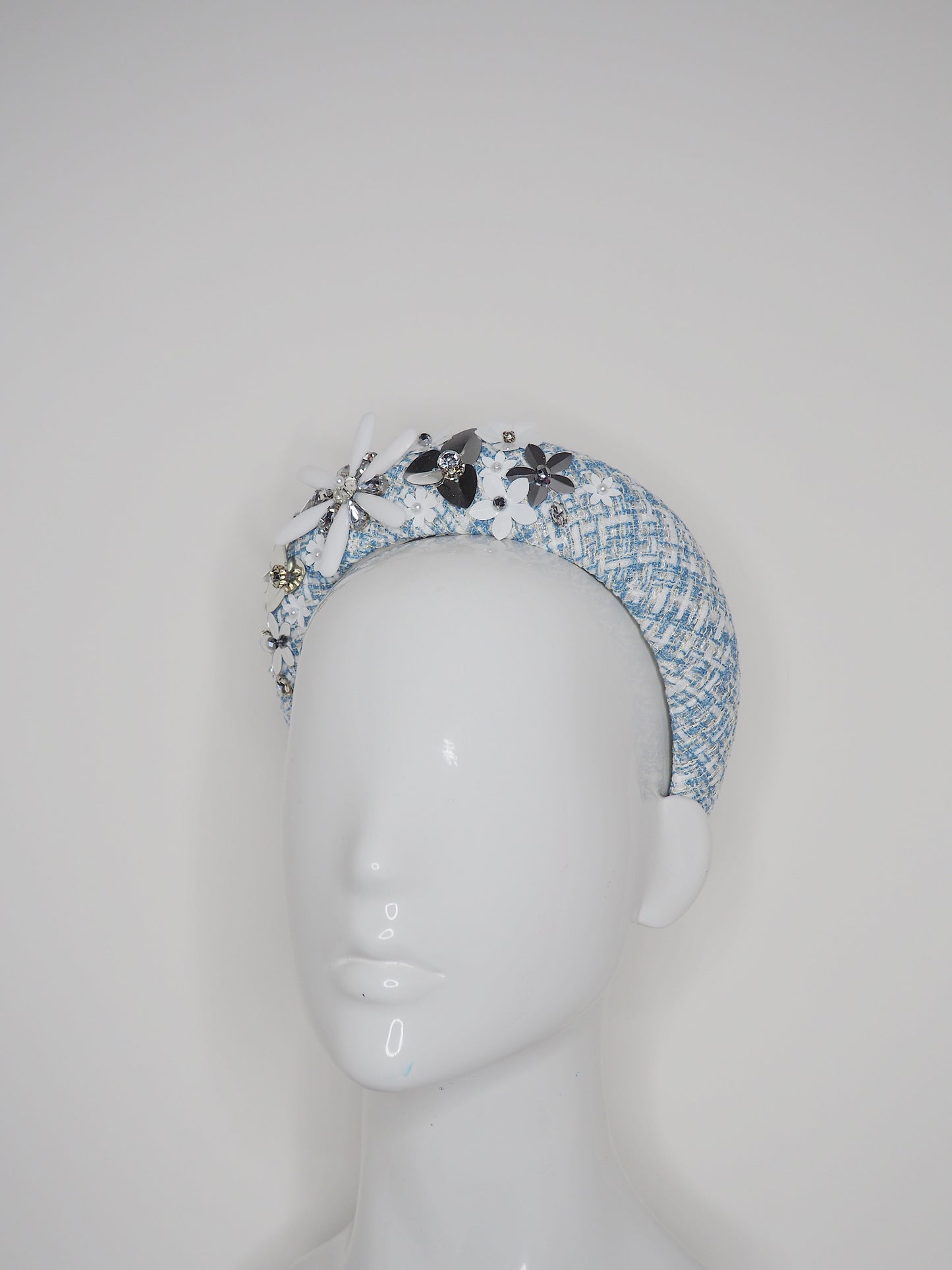 Twinkle Twinkle - Blue and white tweed with silver, white diamonte and pearl Embellishment