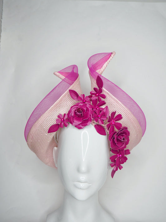 Magenta swirl - baby pink parisisal straw with magenta pink flower vine and crinoline