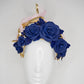 Forever And Always -  Navy, Baby pink and gold asymmetrical wired leather halo with quills and roses.