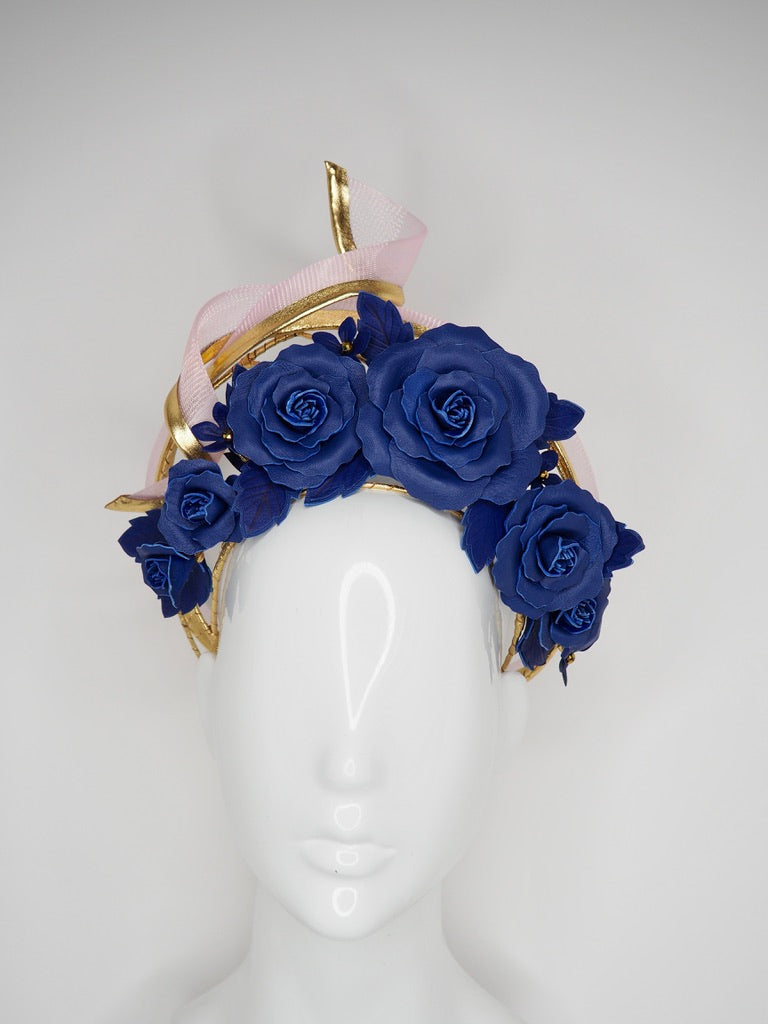 Forever And Always -  Navy, Baby pink and gold asymmetrical wired leather halo with quills and roses.
