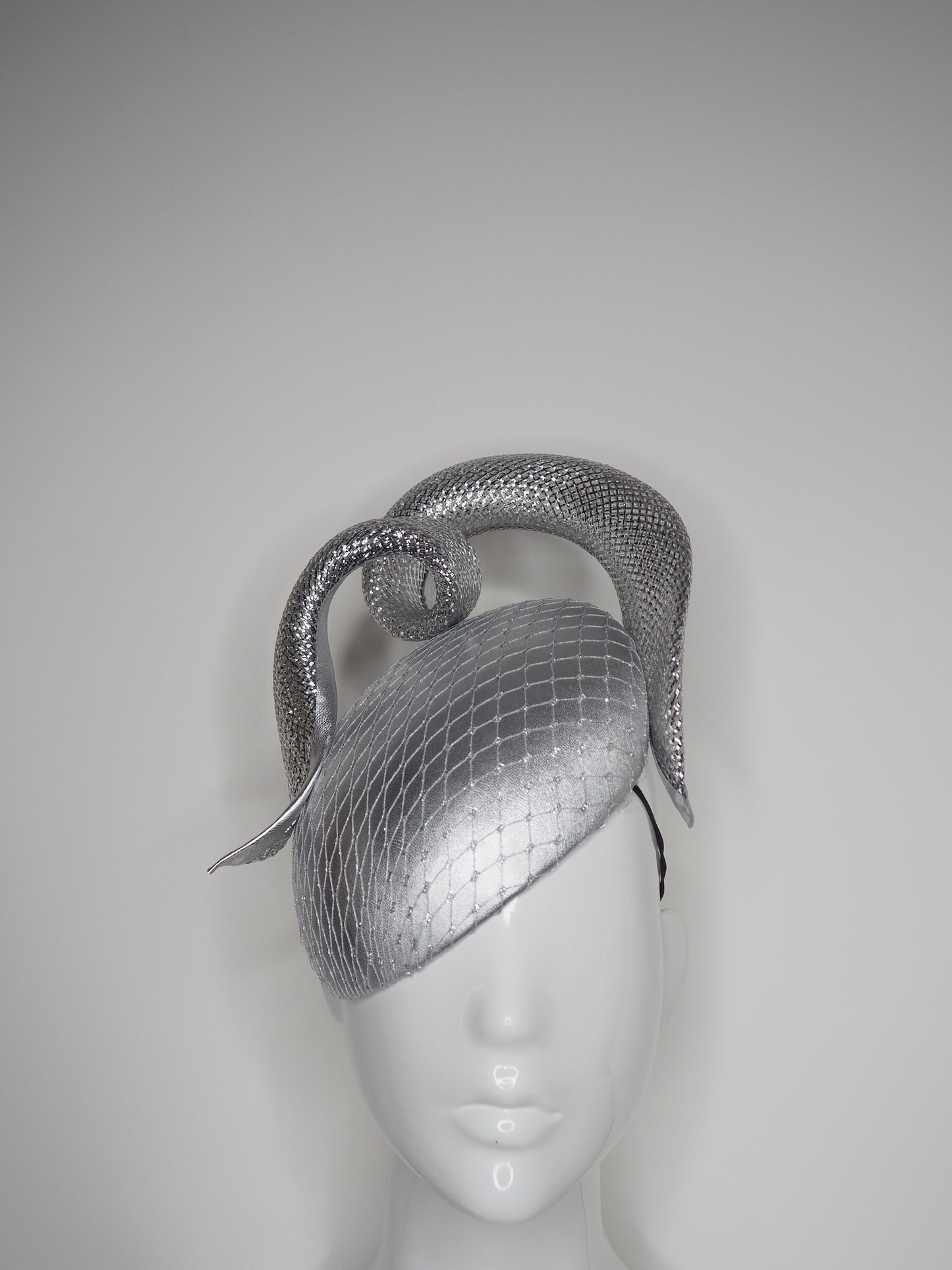 Silver siren - Silver leather facehugger beret with crinoline swirl and veiling detail