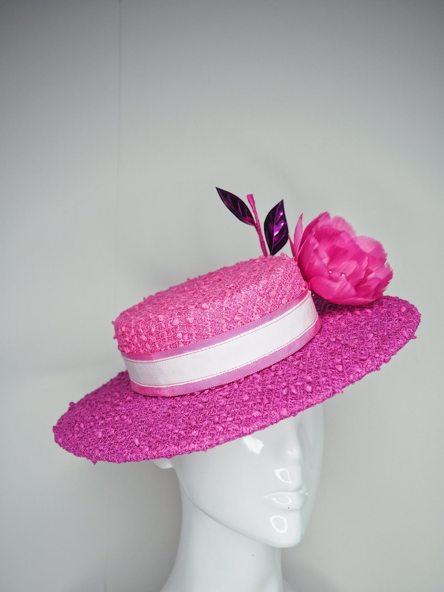 Pretty as a picture - Pink and Magenta Dyed Boucle Boater with removable feather flower.