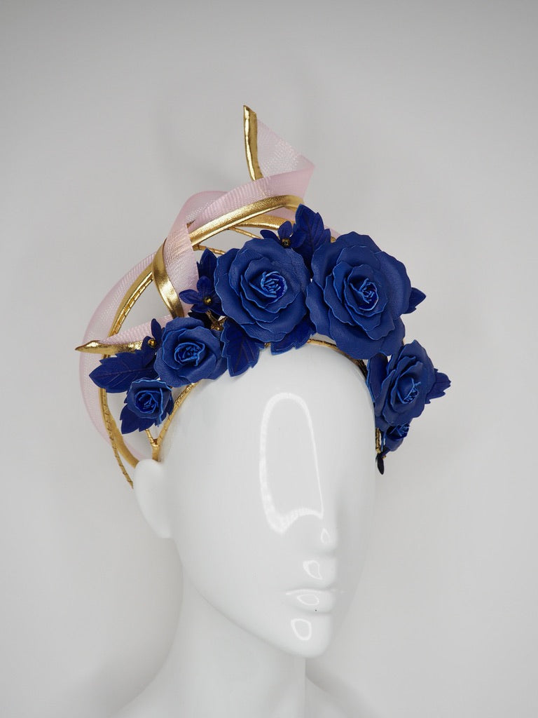 Forever And Always -  Navy, Baby pink and gold asymmetrical wired leather halo with quills and roses.