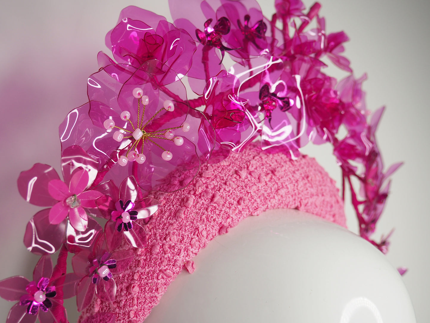 Pink Princess - Crystoform flower garden in shades of pink on hand dyed candy pink boucle tweed 3d headband