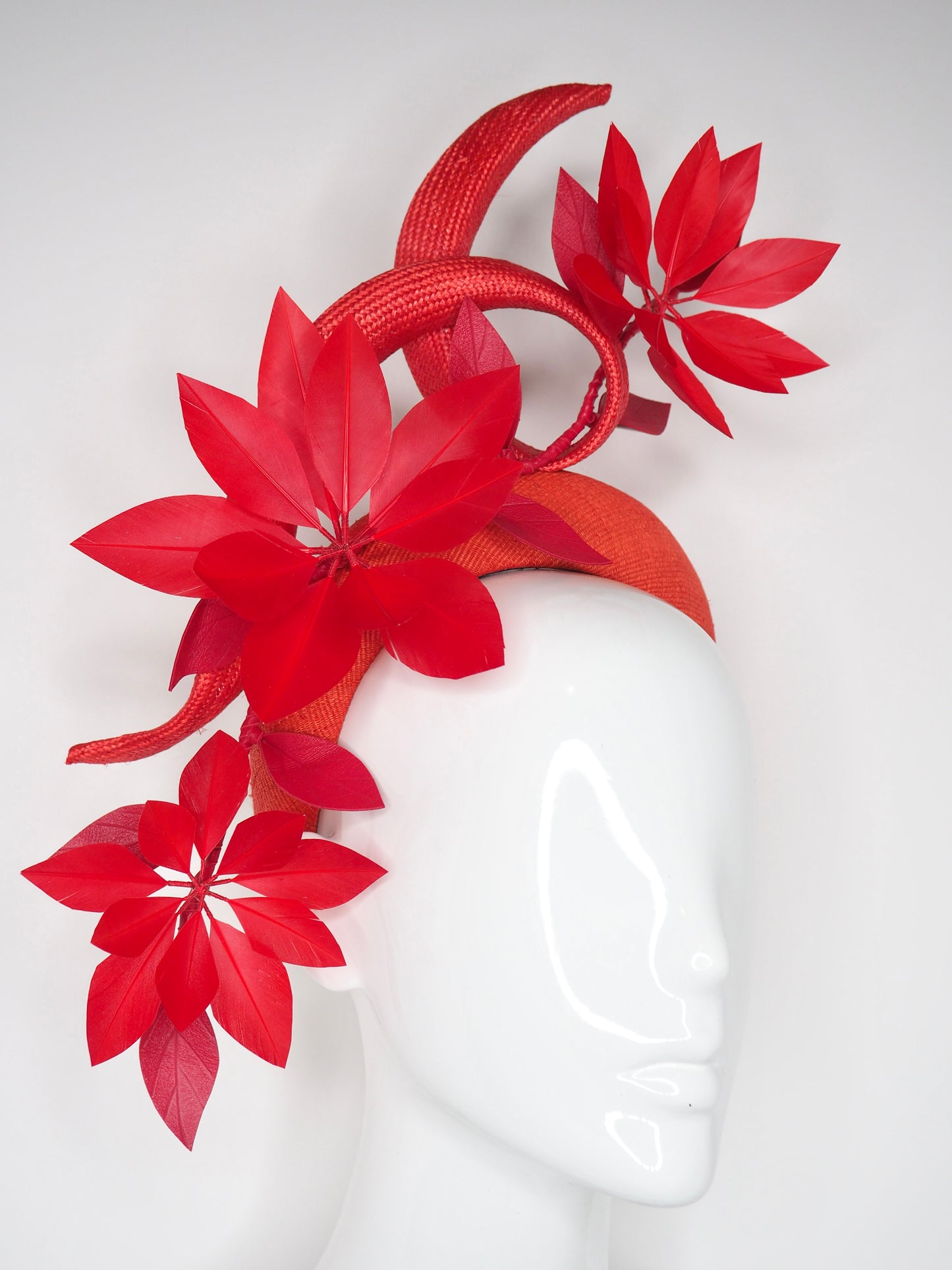 50 Shades of Red - Tinalak 3d Headband with hand cut and wired feather flowers and a red straw swirl