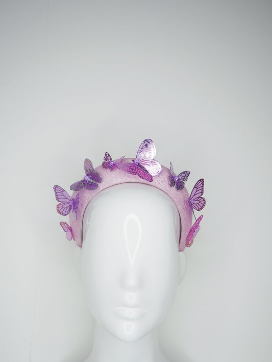 Butterflies in your eyes - Lavender pink lurex fleck headband with pink, silver a purple crystoform butterflies