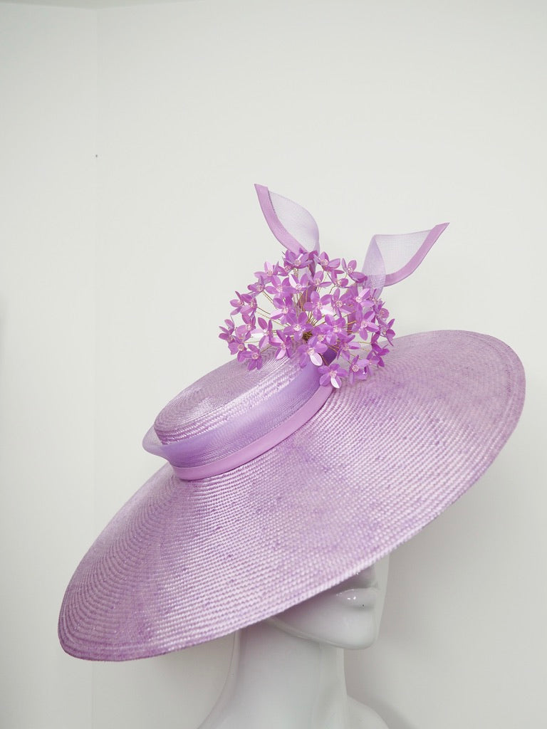 Pretty Little Allium - Pastel lilac parisissal Sloped brimmed boater with a lilac sequin Allium and crinoline swirl.