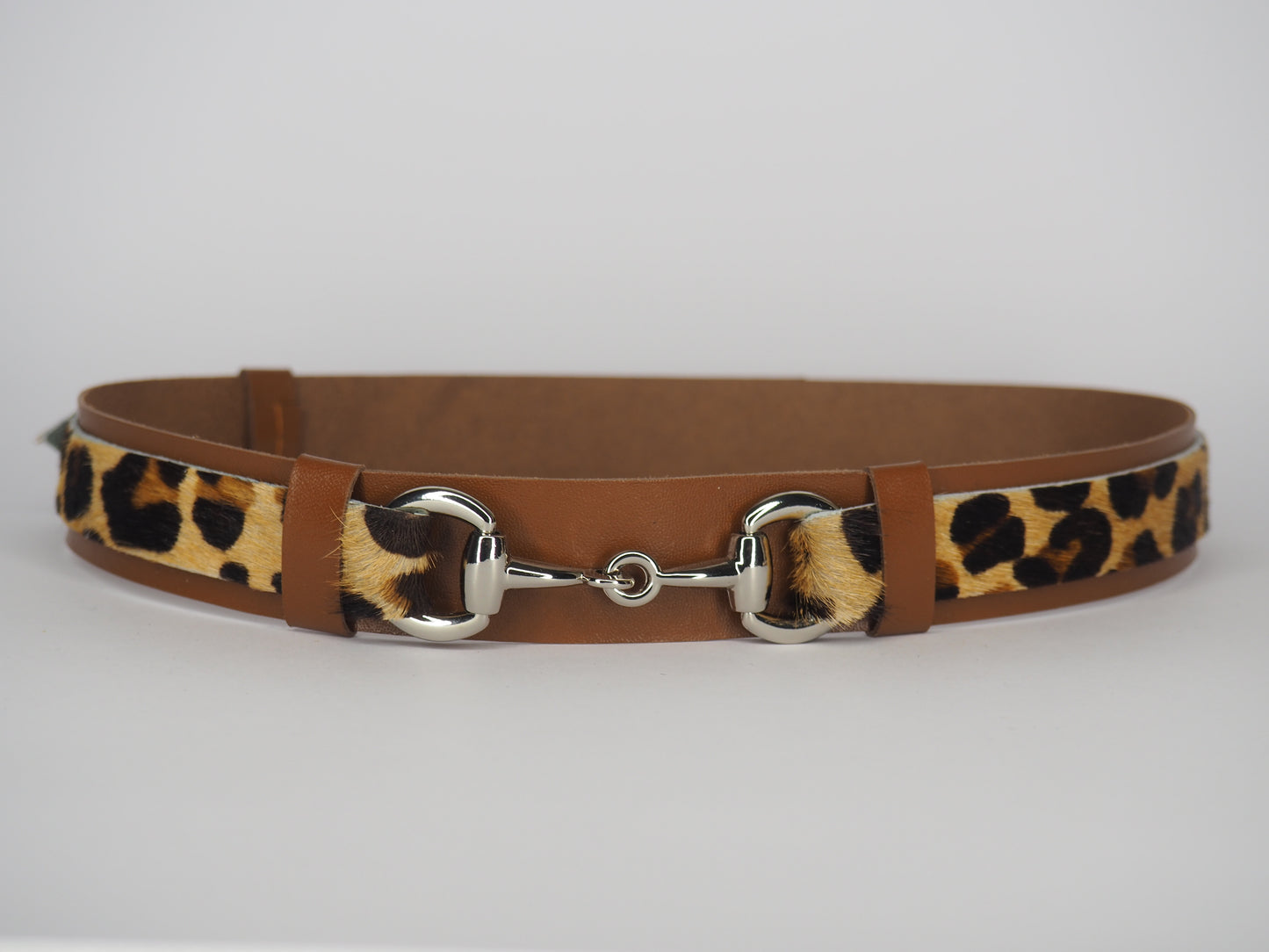 Adjustable whiskey Kangaroo Tan Leather Hat Band -Small golden Leopard Print with Silver Horse Bit Hardware