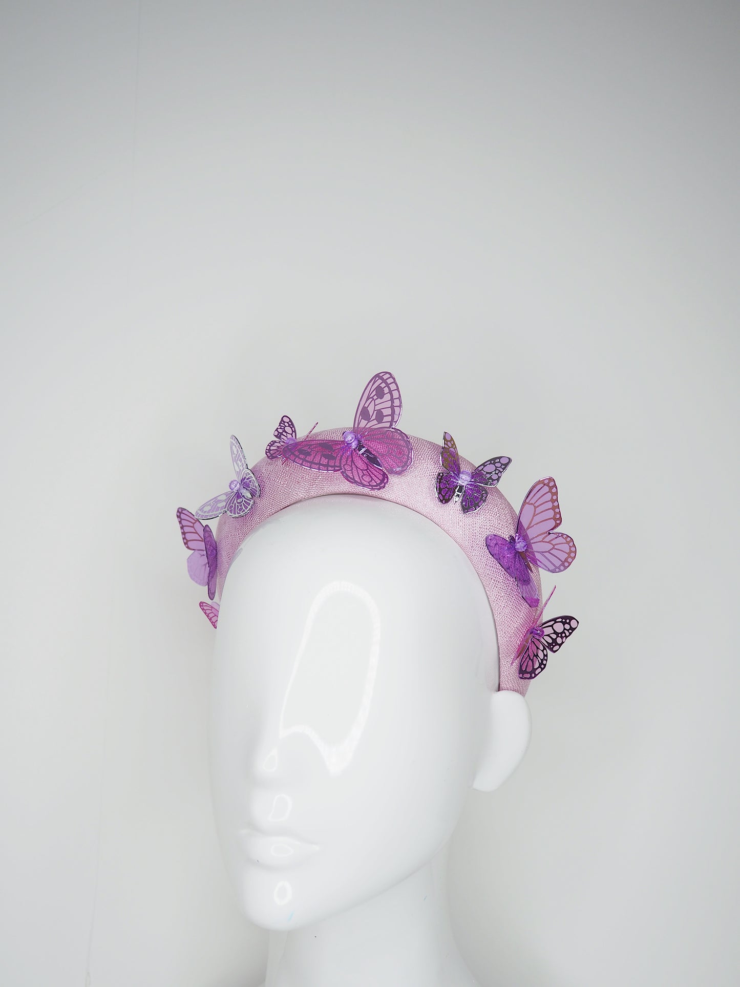 Butterflies in your eyes - Lavender pink lurex fleck headband with pink, silver a purple crystoform butterflies