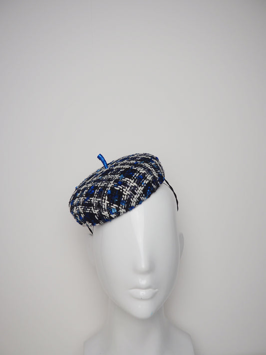 Polly - Large blue, black and white tweed button base with blue leather detail