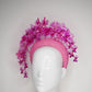 Pink Princess - Crystoform flower garden in shades of pink on hand dyed candy pink boucle tweed 3d headband