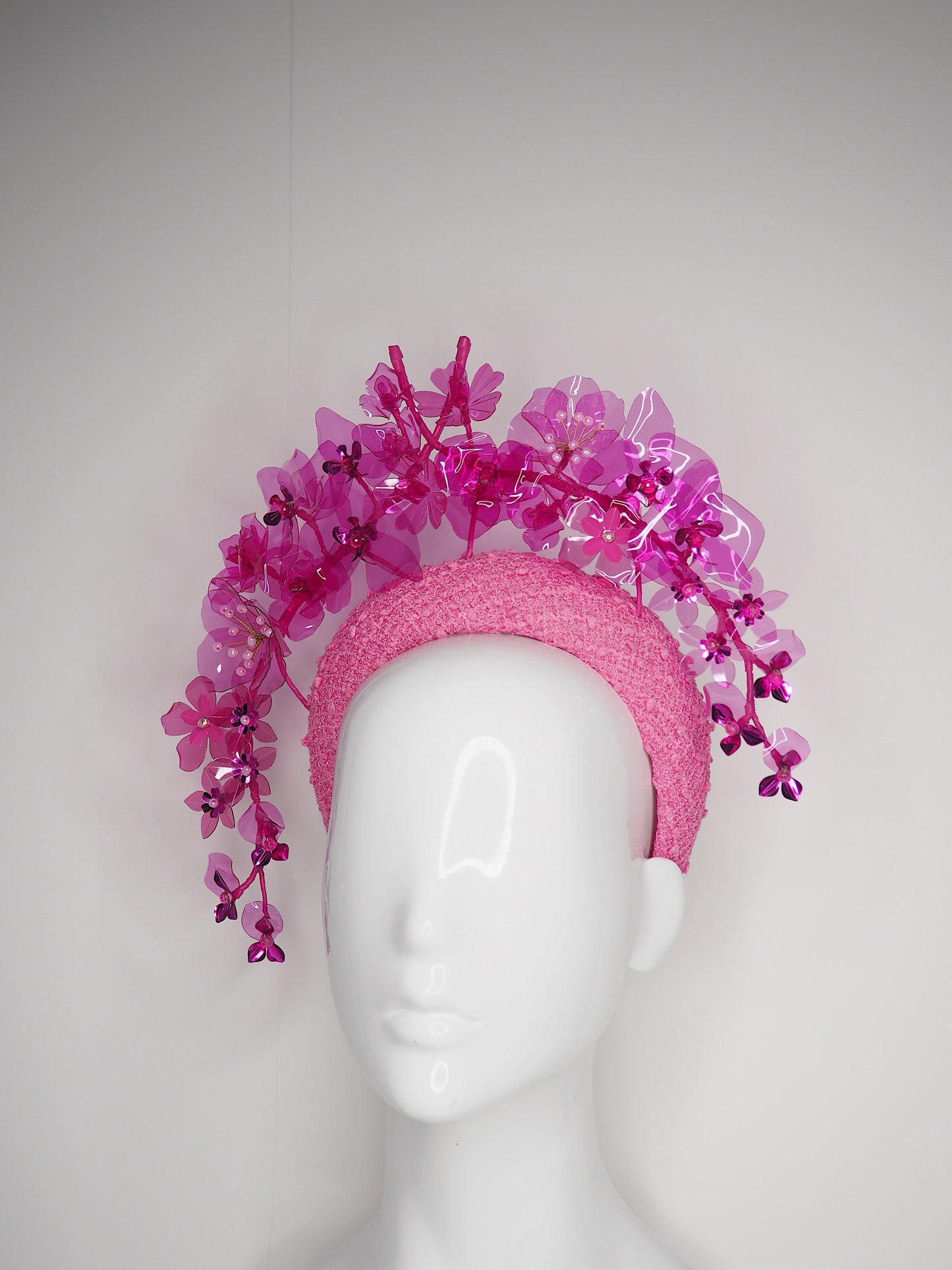 Pink Princess - Crystoform flower garden in shades of pink on hand dyed candy pink boucle tweed 3d headband