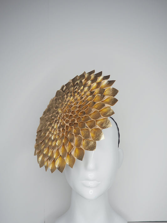 Golden Dahlia - Gold Leather Percher disc with leather petal detail
