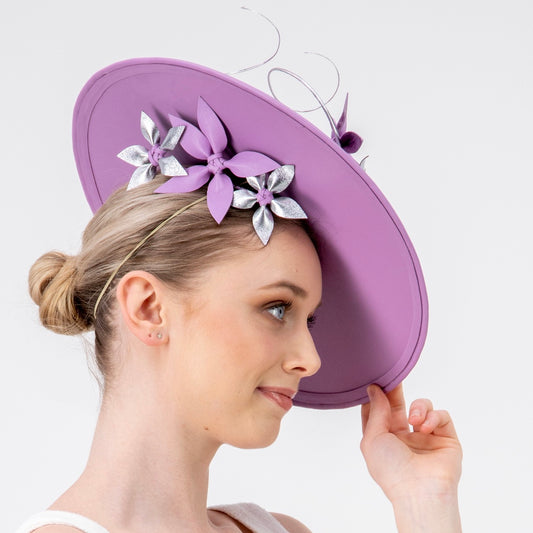 Lovely Lavender Boater  - Lavender leather boater with silver quills and flowers