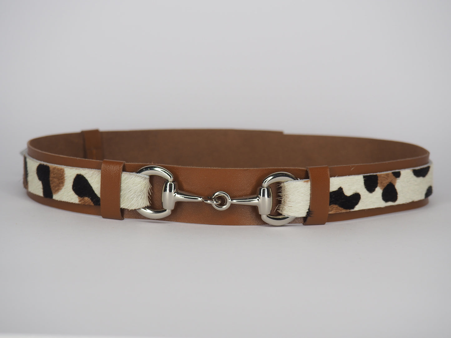 Adjustable Tan Leather Hat Band -Snow Leopard Print with Silver Horse Bit Hardware