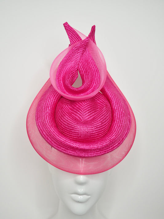 Pretty In Pink - Pink parissisal wired straw swirl with crinoline edging on a pork pie pillbox