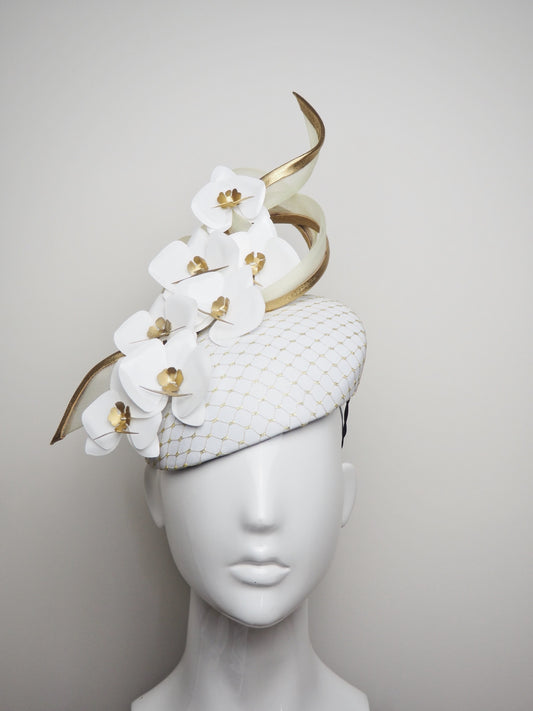 Oriental Delight - White leather and off white swirl with Golden Orchids