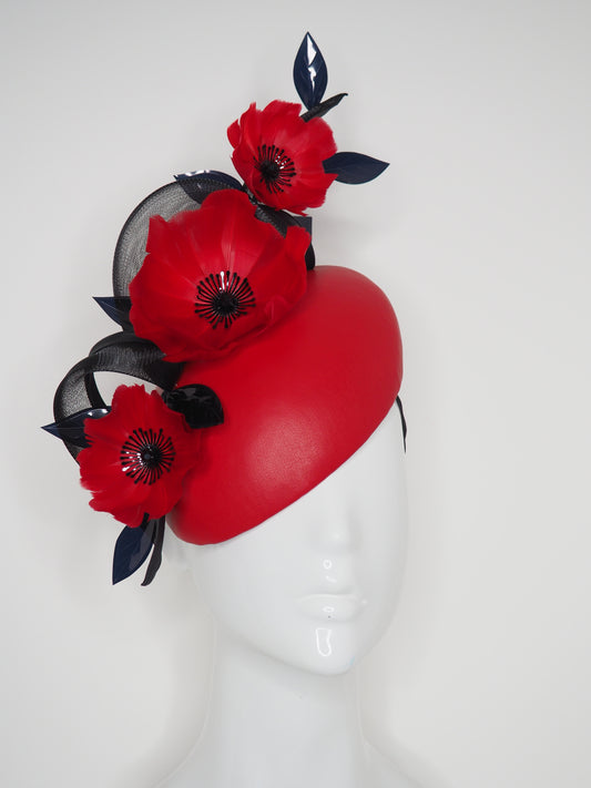 What's Poppin - Red Leather facehugger beret with red feather poppies & crinoline swirl