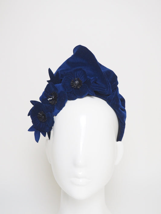 Vera - Sapphire blue Velvet turban with removable poppy clip