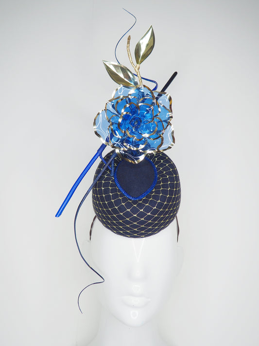 Royal Rose - Blue fur felt pork pie pillbox with Blue crystoform rose and touches of gold
