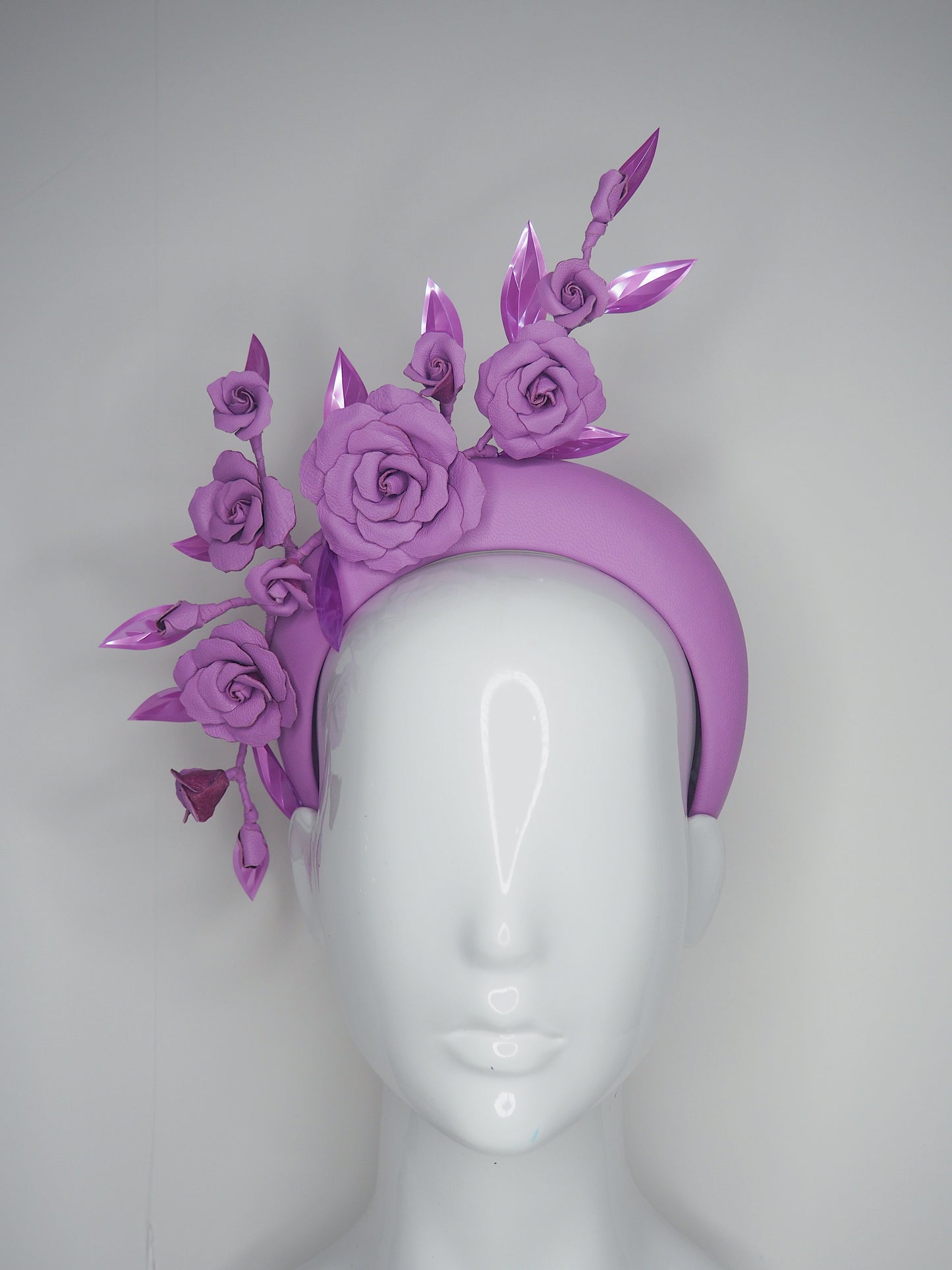 Lavender Haze - Lavender purple leather 3d headband with cascading roses