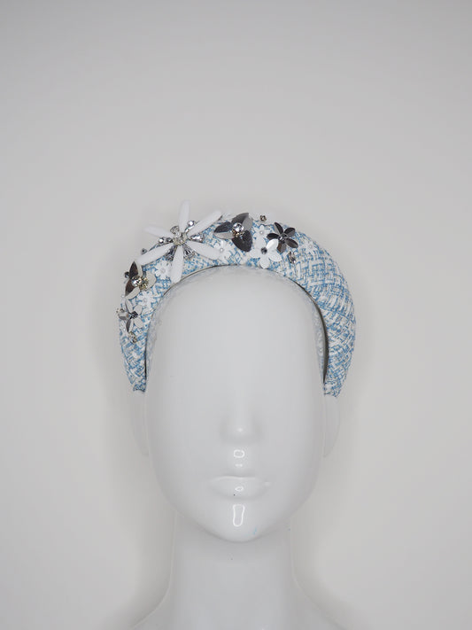 Twinkle Twinkle - Blue and white tweed with silver, white diamonte and pearl Embellishment