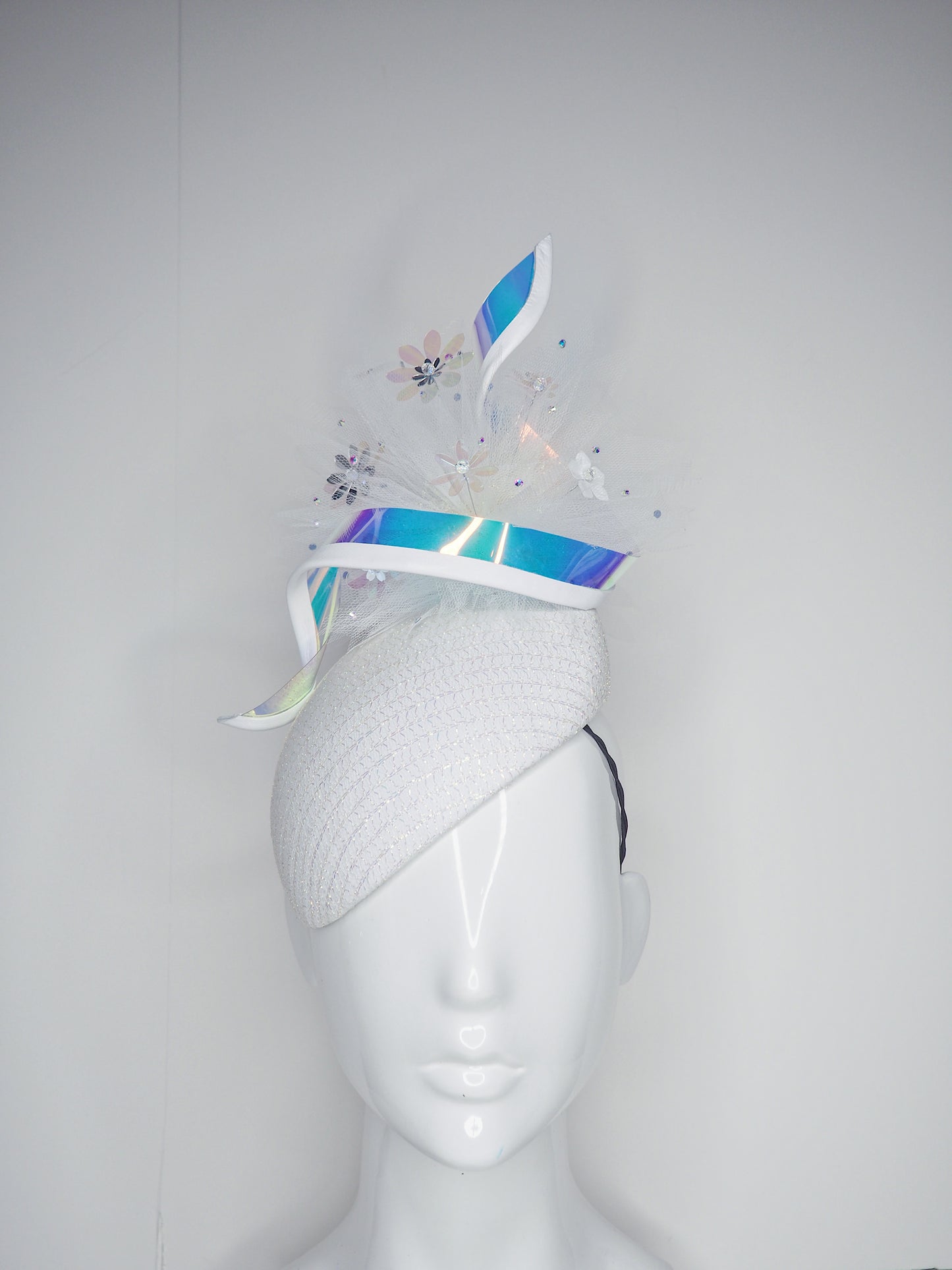 *worn once reduced - Unicorn Dreams - White leather Beret base with iridescent mesh, leather edged swirl and a embellished tulle pom pom