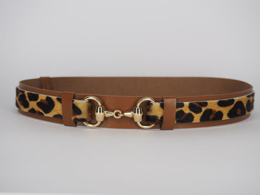 Adjustable whiskey Kangaroo Tan Leather Hat Band -Small golden Leopard Print with Gold Horse Bit Hardware