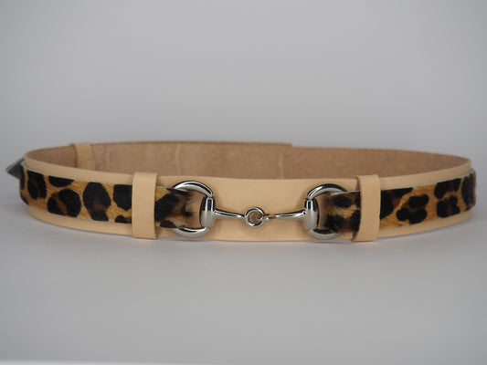 Adjustable Natural Vege Tan Leather Hat Band -Small Golden Leopard Print with silver Bit Hardware