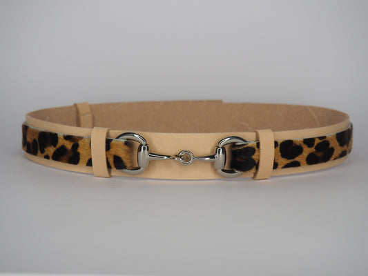 Adjustable Natural Vege Tan Leather Hat Band -Small Golden Leopard Print with silver Bit Hardware