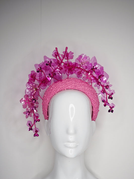 Pink Princess - Crystoform flower garden in shades of pink on hand dyed candy pink boucle tweed 3d headband