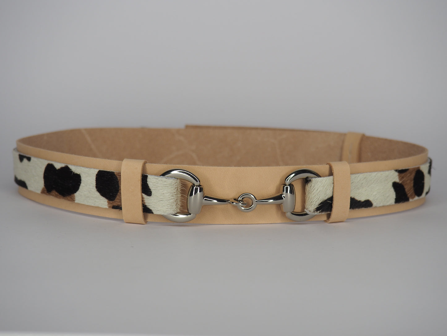 Adjustable Natural Vege Tan Leather Hat Band -Snow Leopard Print with Silver Bit Hardware