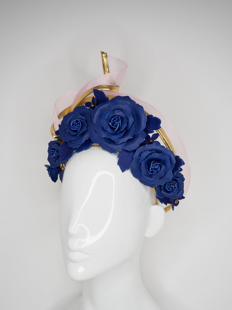 Forever And Always -  Navy, Baby pink and gold asymmetrical wired leather halo with quills and roses.