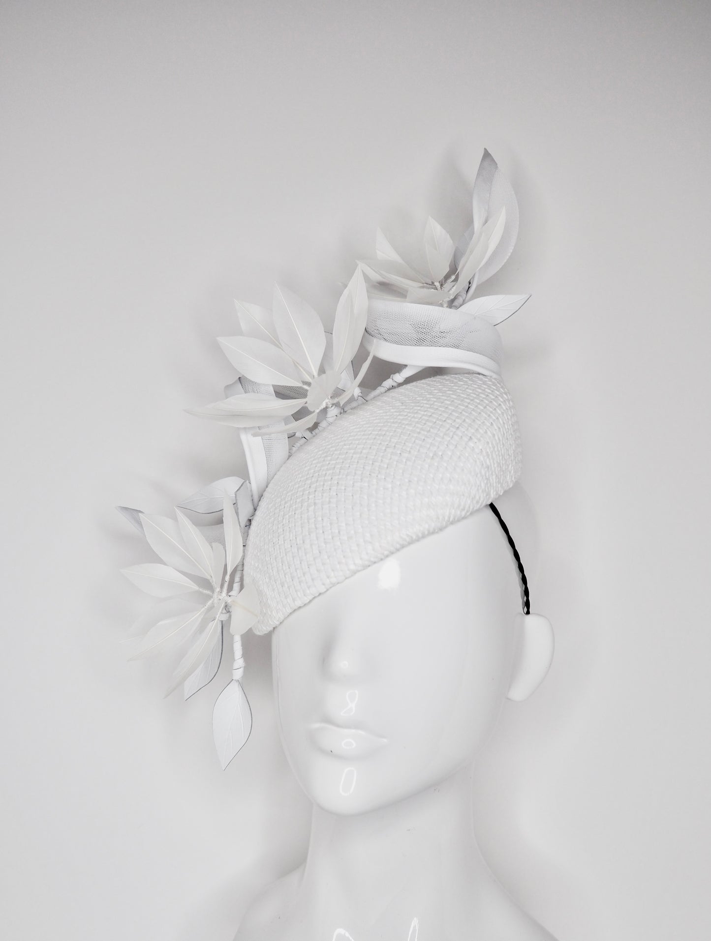 Wind Beneath My Wings  - White textured Face hugging base with Feather Flowers and Crinoline Swirl
