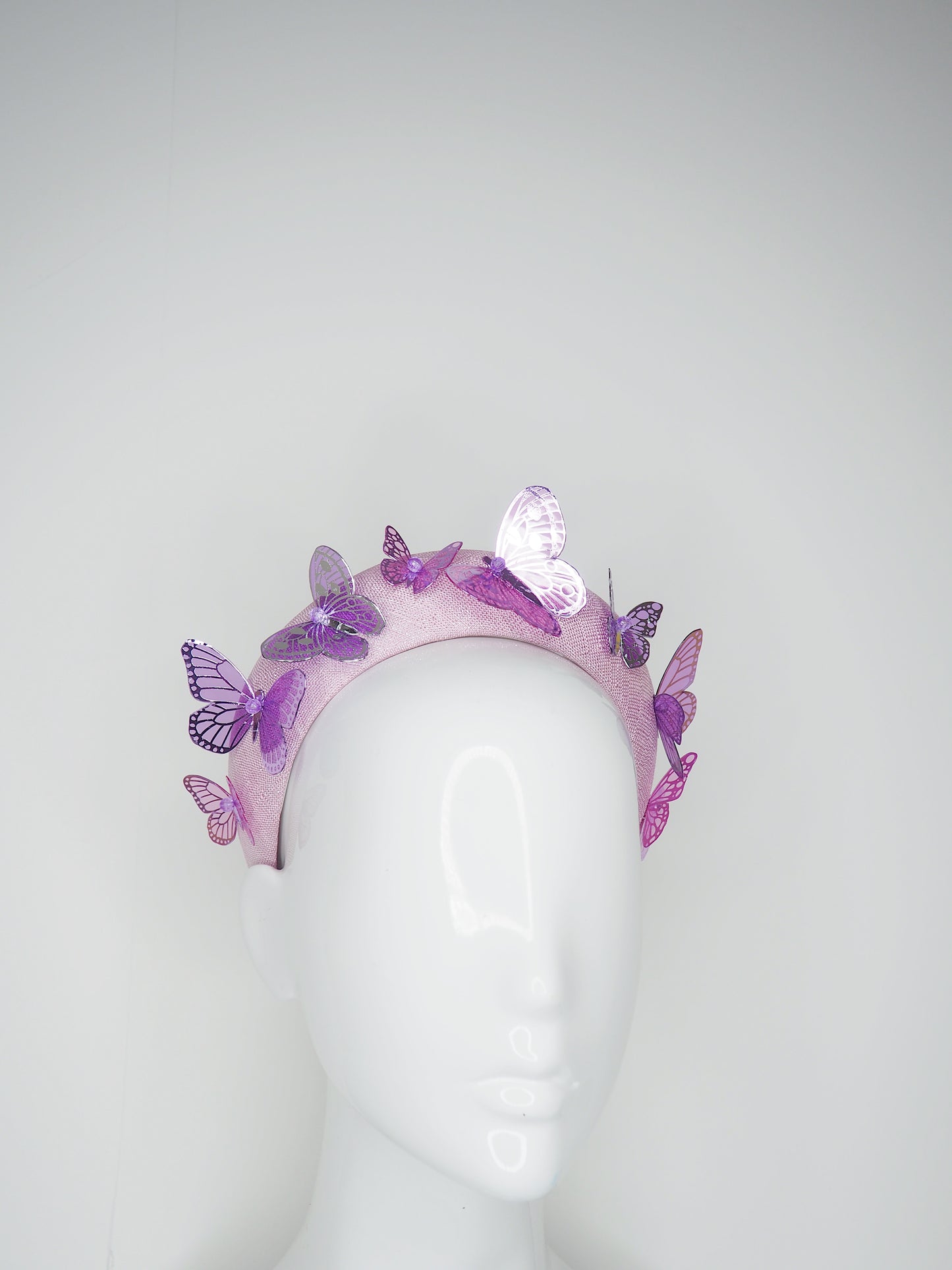 Butterflies in your eyes - Lavender pink lurex fleck headband with pink, silver a purple crystoform butterflies