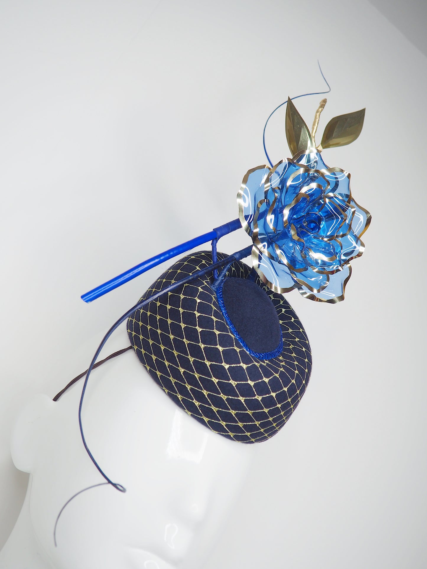 Royal Rose - Blue fur felt pork pie pillbox with Blue crystoform rose and touches of gold